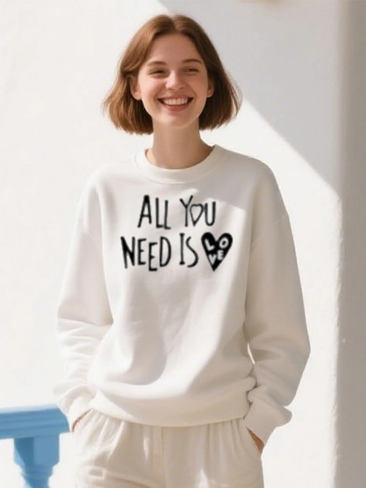 

All You Need Is Love Print Cotton Crewneck Sweatshirt, Unisex Casual Pullover For Christmas