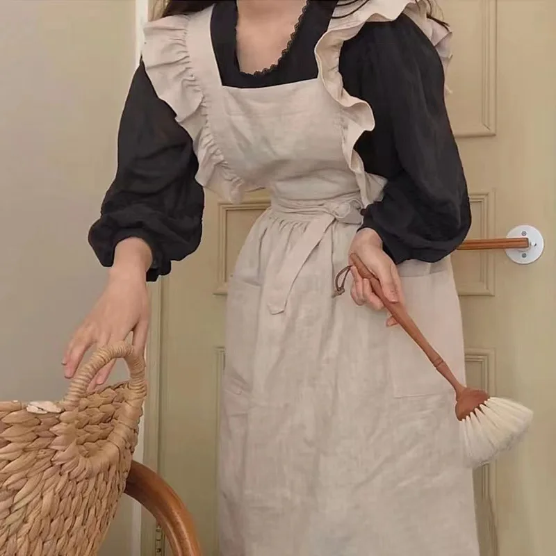 1PC French Pastoral Florist Artsy Cotton Linen Vintage Apron Kitchen Baked Nordic Solid Color Ruffled Apron view 4