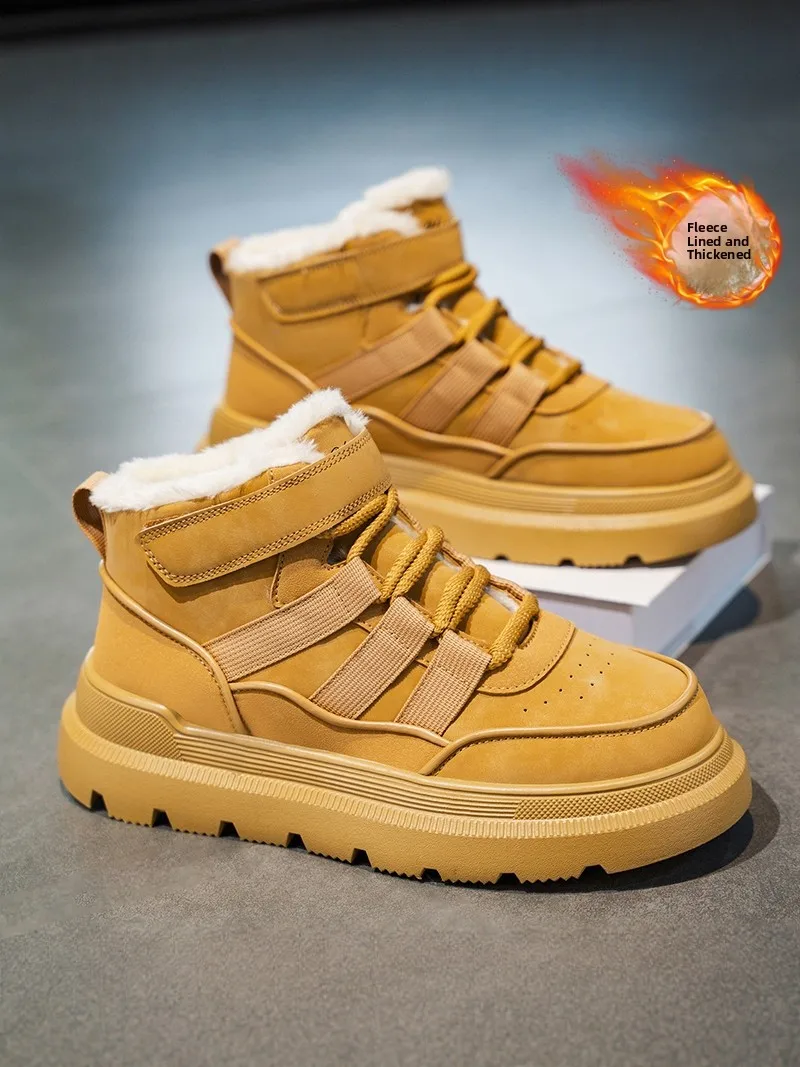 

Warm Fleece Lined High Top Snow Boots Men's Cotton Shoes Casual All-Match Leather Surface Cold Resistance Yellow Boots