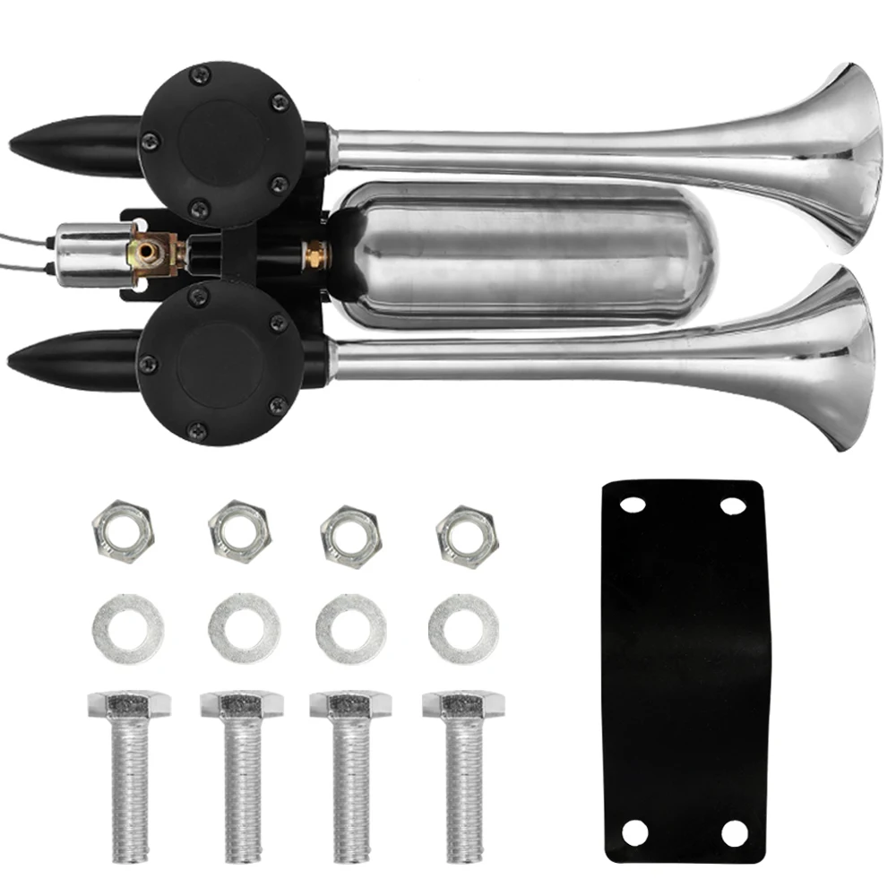 

12V 24V Dual Trumpet Universal Air Horn 300DB Trumpet Truck Dual Air Horns Kit Super Loud Speaker for Car Van Boat Pickup Auto