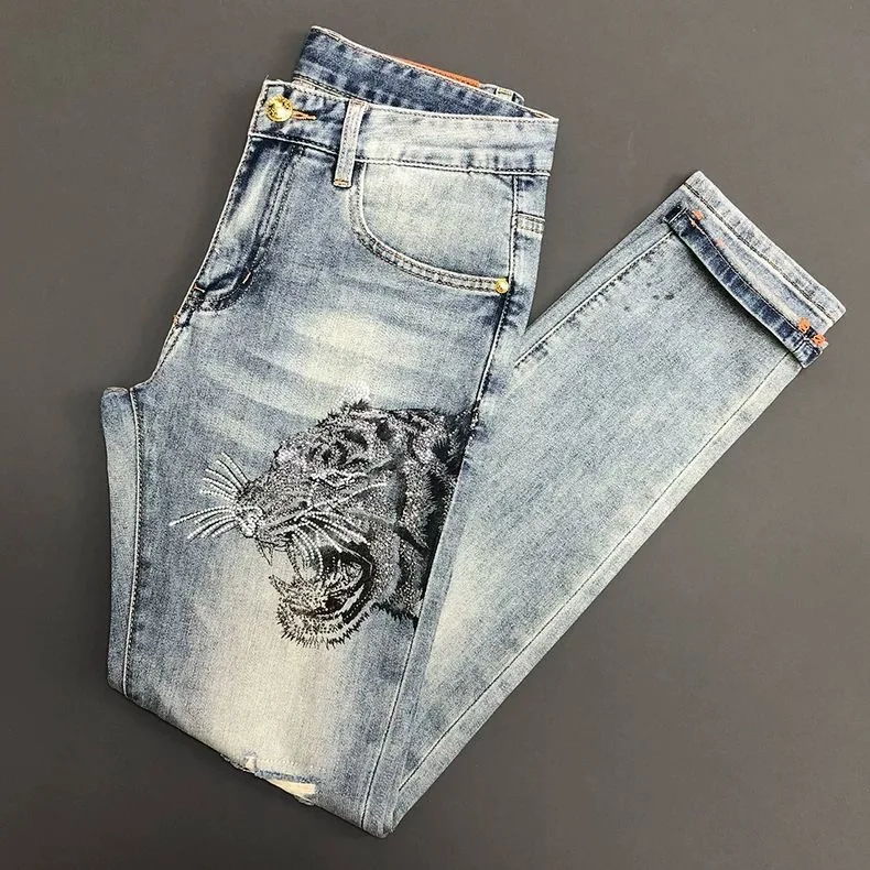 Spring and Autumn New Fashion Trendy Printed Straight Elastic Denim Trousers Men's Casual Slim Fit Comfortable Breathable Jeans