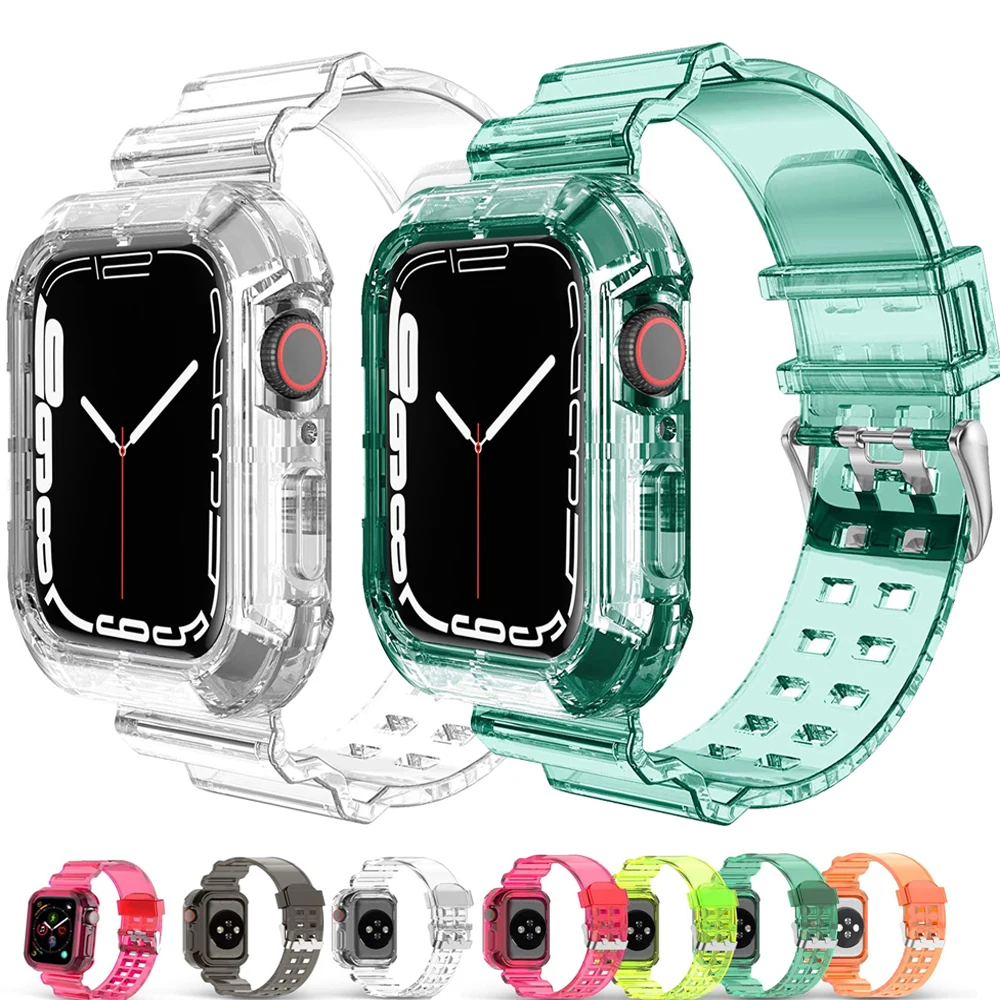 Clear Band + Case for Apple Watch Series 8 7 6 SE 5 4  45mm 44mm 42mm 41mm Transparent for iwatch 3 2 38mm 40mm rubber Strap