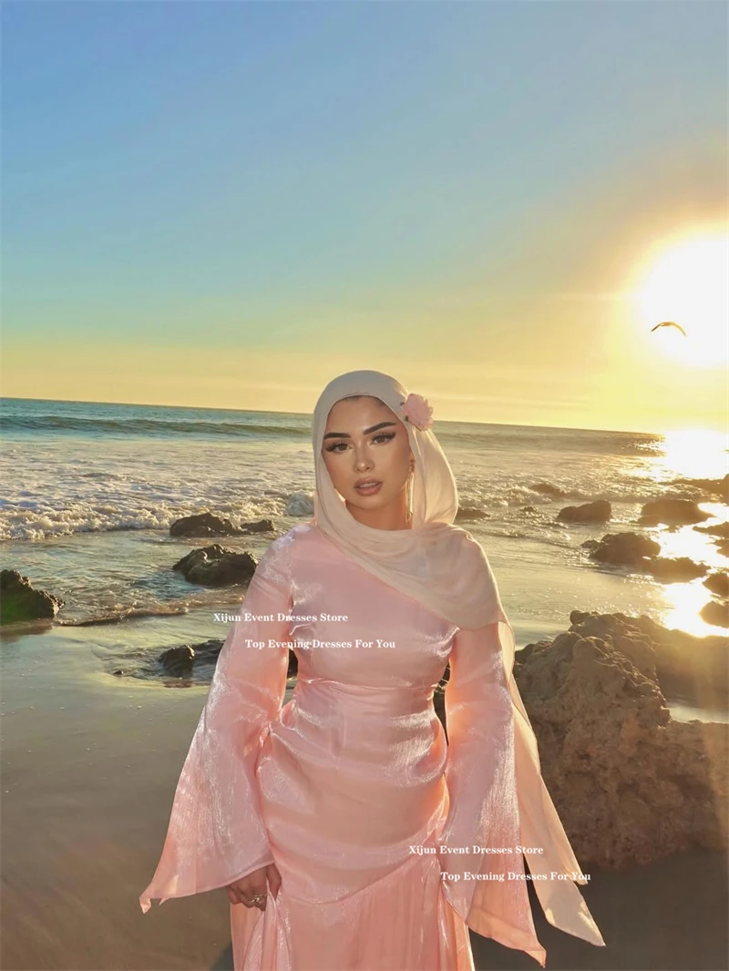 Xijun Luxury Pink Evening Dresses Long Sleeves A-Line Dubai Prom Dresses Formal Ruffles Luxury Women Prom Gowns 2026 Customized