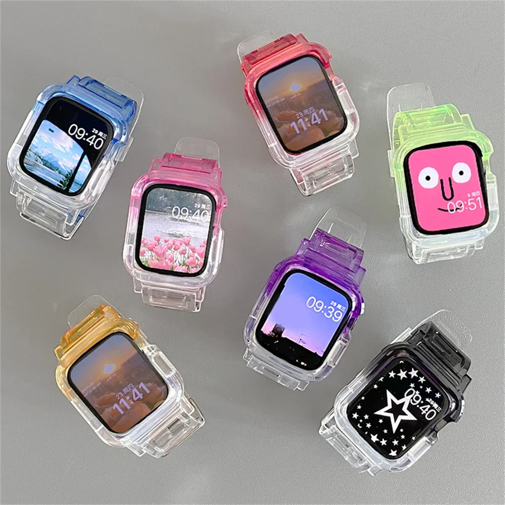 Korea Sport Transparant Band + Hoesje Voor Horloge 7 6 Se 5 4 3 2 Gradiënt Band Voor Iwatch Band 41Mm 45Mm 38Mm 42Mm 44Mm 40Mm