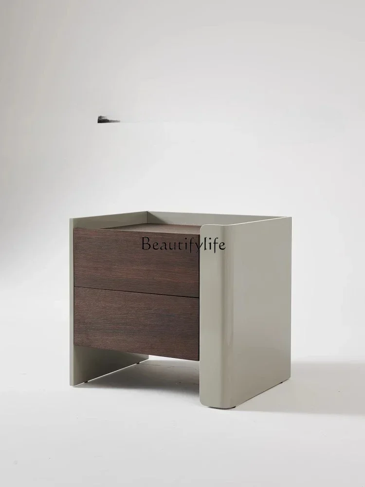 

Italian minimalist designer smoked solid wood tall bedside table beige high-end sense simple and modern