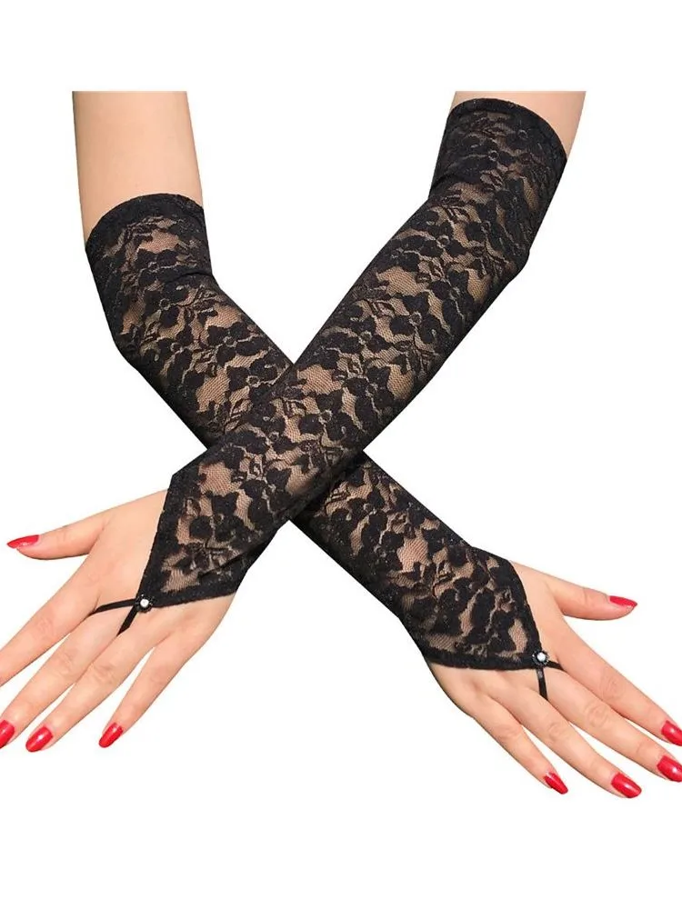AliExpress NONE Long Lace Hollow-Out Fingerless Gloves Sun Protection Sleeves Mesh Lace Thin Cycling Sexy Accessories Black Finger Gloves