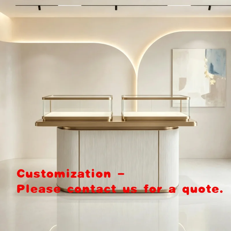custom.Premium Custom Champagne Gold Glass Jewelry Display Counter White Fluted Wood Jewellery Showcase Luxury Retail Boutiq