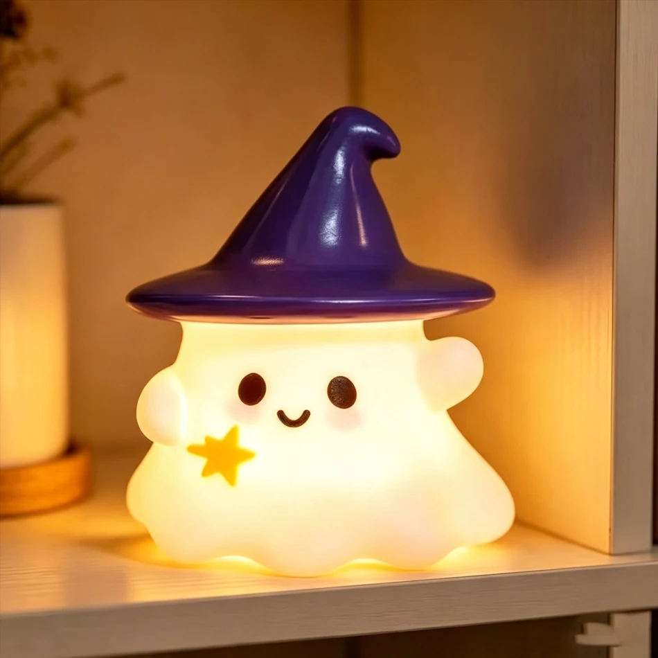 Halloween Pumpkin Ghost Lamp, Cute Glowing Night Light with Witch Hat, Cozy Bedroom Desk Decor, Spooky Home Decoration Gift
