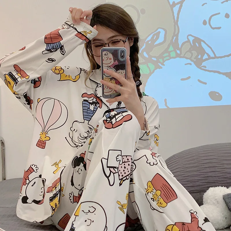 

Snoopy Spring Autumn Cute Cartoon Long Sleeve Japanese Cartoon Pajama Girl Boy Pants Pajama Home Clothes sleepwear nightgown