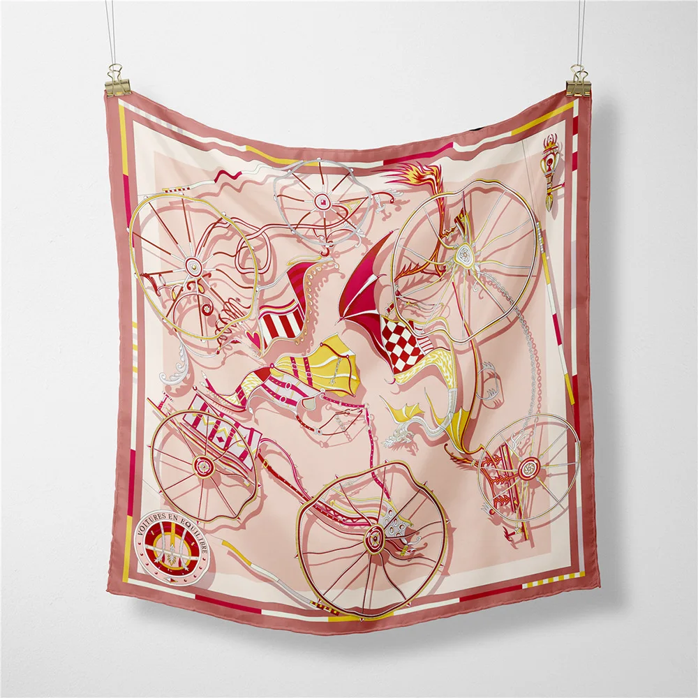 Twill Silk Scarf Woman Carriage Wheel Print Square Scarves Wraps Bandana Small Hijab Silk Foulards Tie Headband Neckerchief 53C