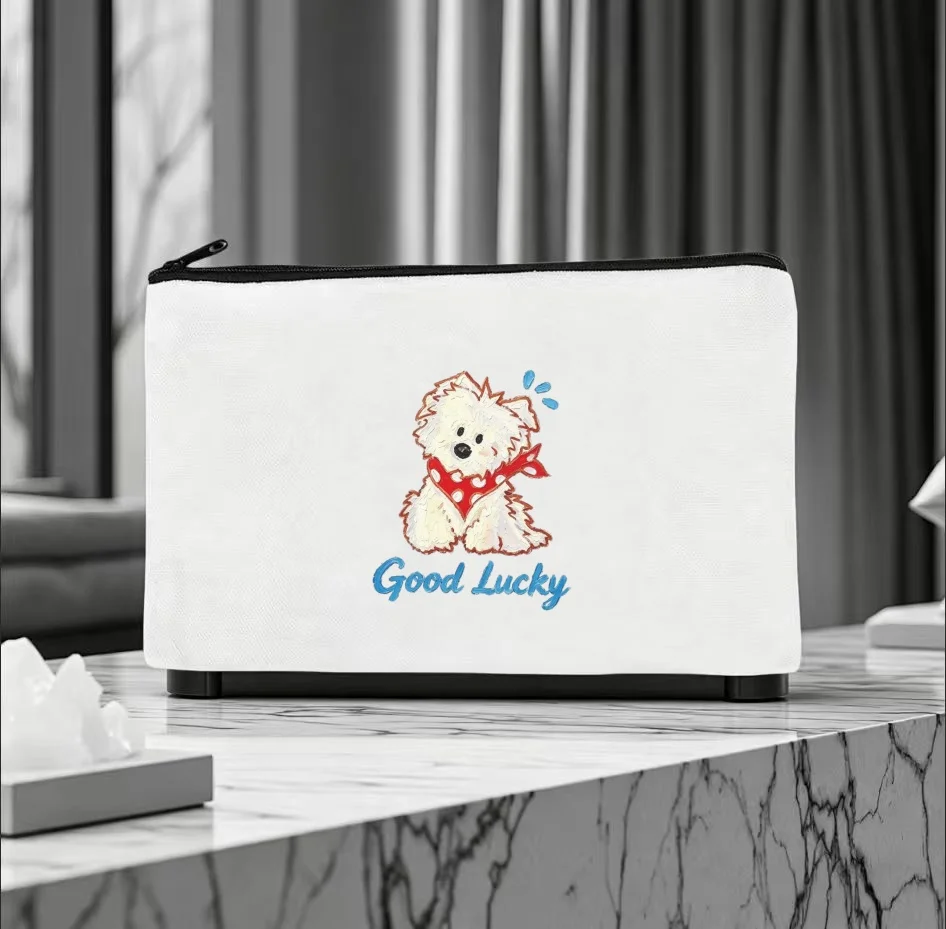 1PC Good Lucky White Fluffy Puppy Red Polka Dot Bandana Double Sided Print Canvas Cosmetic Bag Portable Travel Zipper Pouch