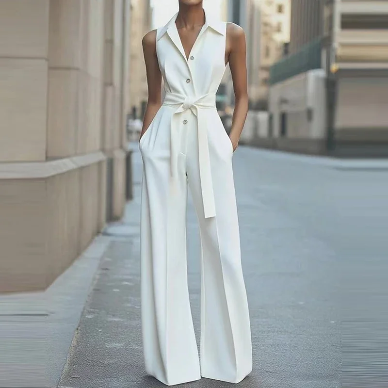 

Temperament Tie-Up Solid Color Party Jumpsuit Elegant Sleeveless Pocket Straight Playsuit Fashion Lapel Button Waist Long Romper