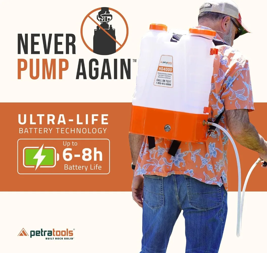 PetraTools 4 Gallon Battery Powered Backpack Sprayer (HD4000) – Extended Spray Time Long-Life Battery (Included) - New HD Wand