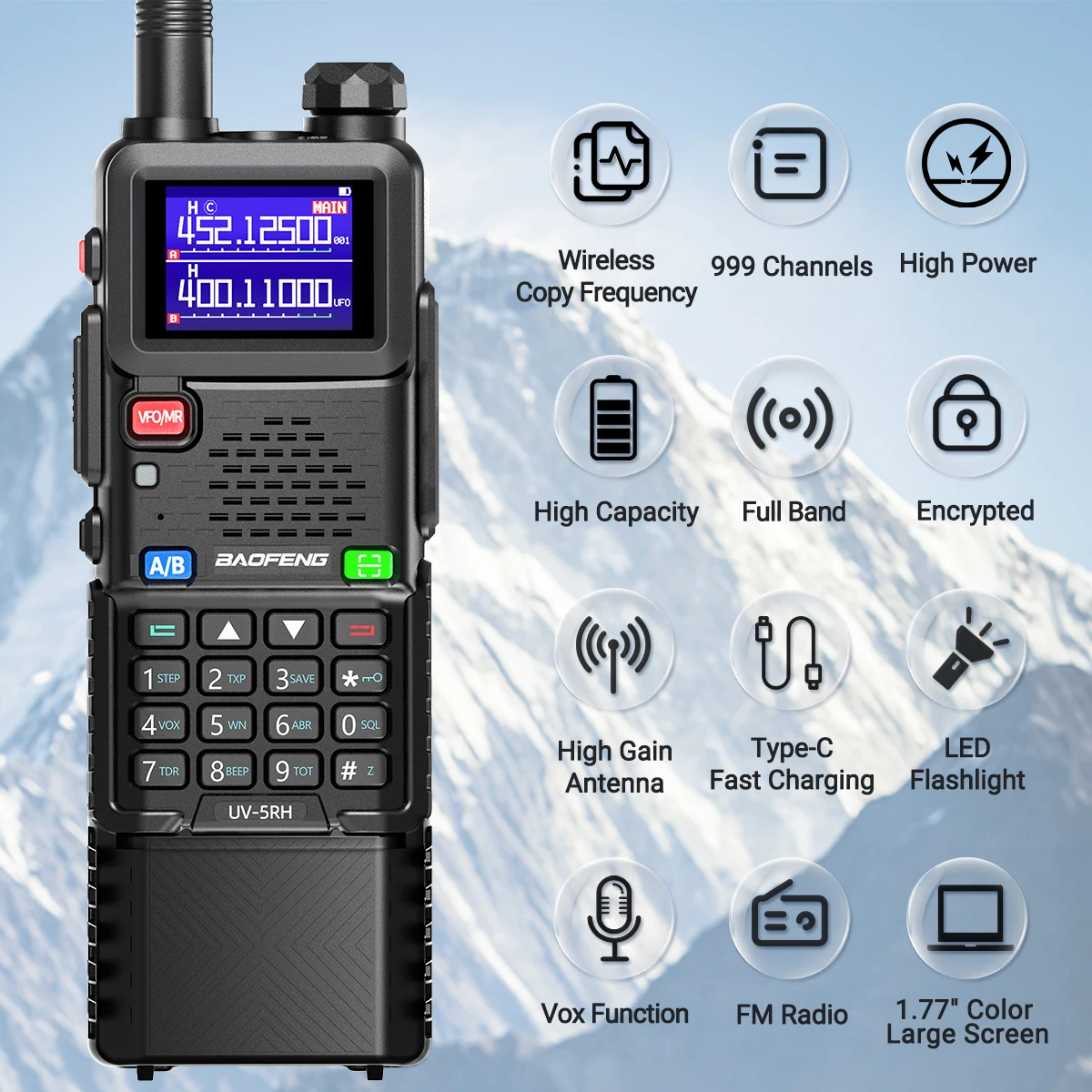 Baofeng UV-5RH PRO MAX Air Band Walkie Talkie 3800mAh 10W Wireless Copy Frequency Multi Band Type-C 999CH Long Range Ham Radio