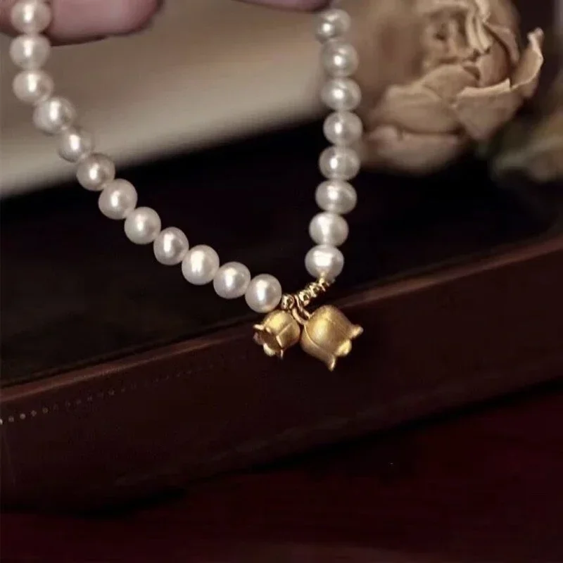 4-5mm Natural Freshwater Pearl Bracelet Bell Shaped Orchid Symbolizing Happiness Eternal Elastic Rope Design Fashionable Gift