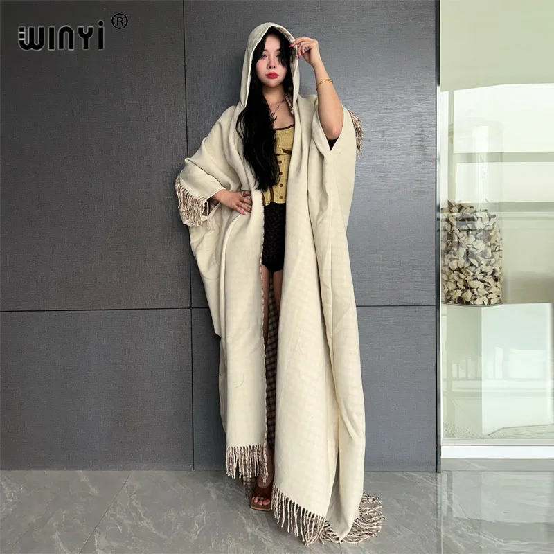 WINYI Winter coat outfits Women high quality dress print Thick Warm Female kaftan cardigan dress Hooded mop coat fashion Abaya