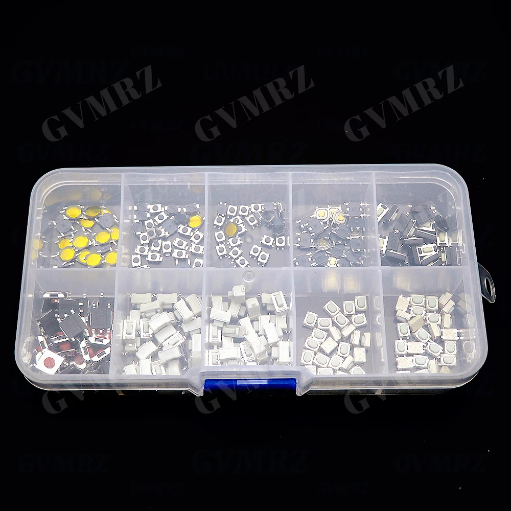 250Pcs Micro Tactile Tact Push Button Switch Assorted Kit 2P 4 Pin SMD PCB Momentary Self-reset Car Remote Control Switch Repair