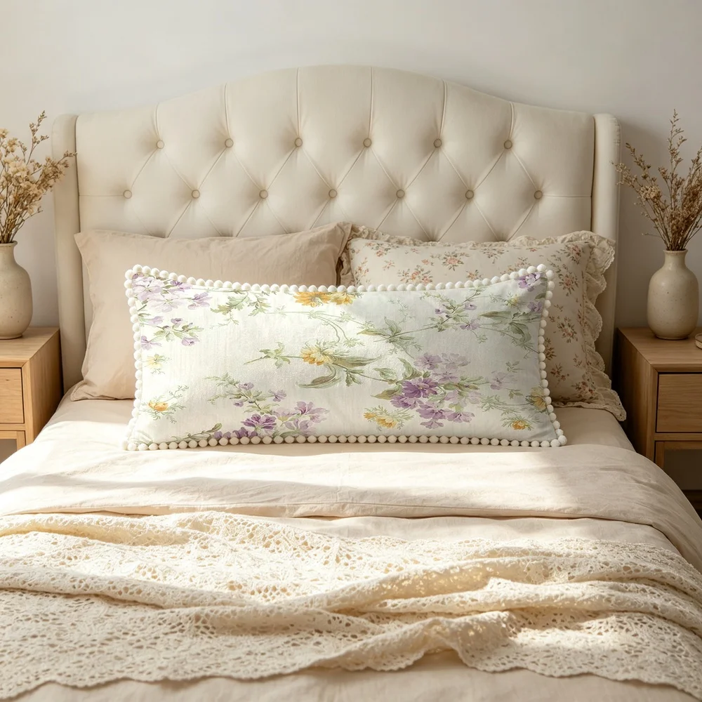 1PC Light Grey Background with Purple Yellow Flowers and Green Leaves, Watercolor Romantic Floral Long Pillow Cover with Pom P
