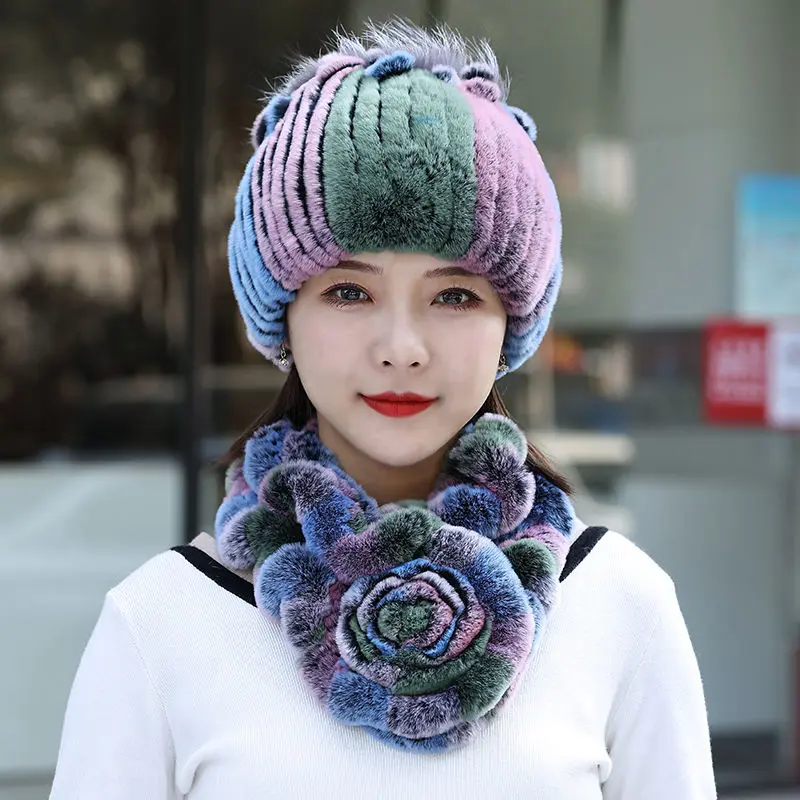 New Fashion Women Winter Real Rex Rabbit Fur Hat Scarf Natural Soft Rex Rabbit Fur Cap Scarves Sets For Lady Outdoor Keep Warm