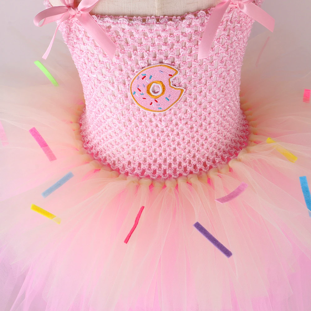 3 Layers Pink Donuts Birthday Dresses for Girls Doughnut Cake Smash Costume for Kids Toddler Photoshoot Outfit Baby Fluffy Tutus