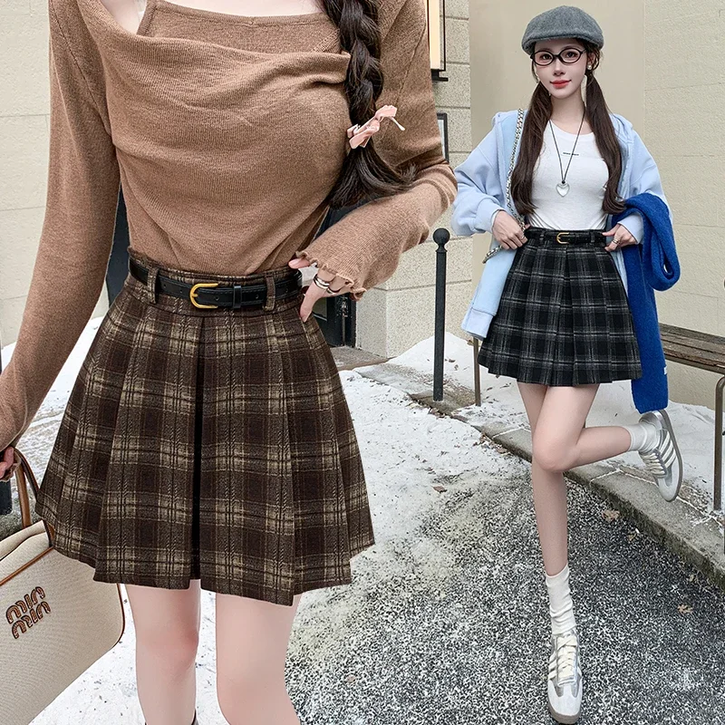 Checkered midi skirt pleated skirt for women autumn and winter vintage college style woolen A-line short skirt