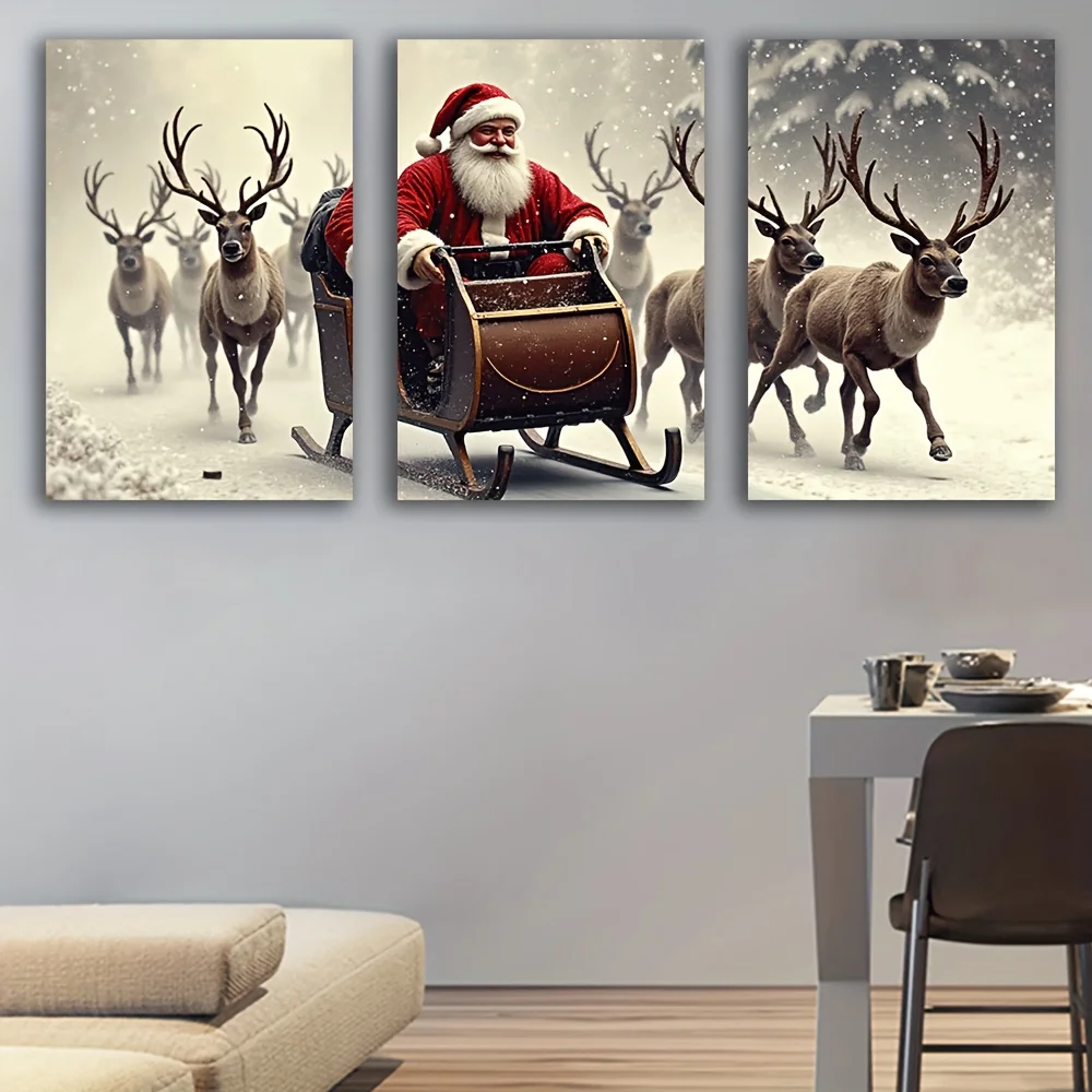 [JIT] 3 قطع، لوحة قماشية - بدون إطار، ركوب سانتا كلوز، ملصقات ومطبوعات، مكتب، غرفة المعيشة، غرفة، بار، هدايا الحفلات، عيد الميلاد