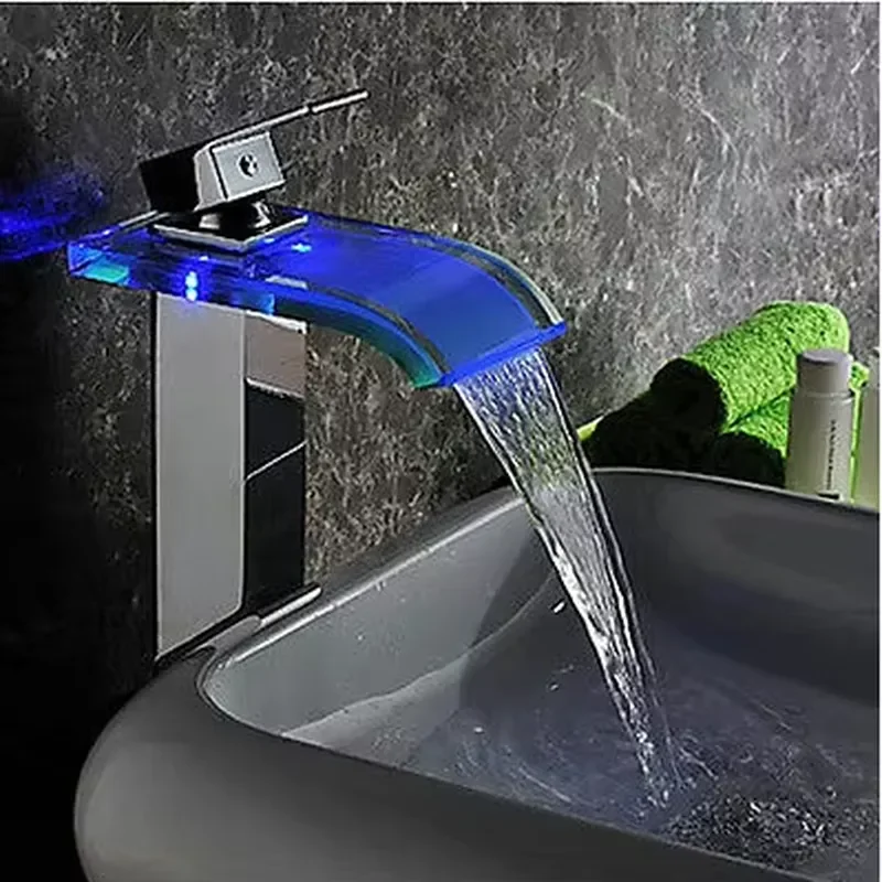 Hydroelectric Bathroom Brass Glass Basin Light Emitting Diode Waterfall Faucet