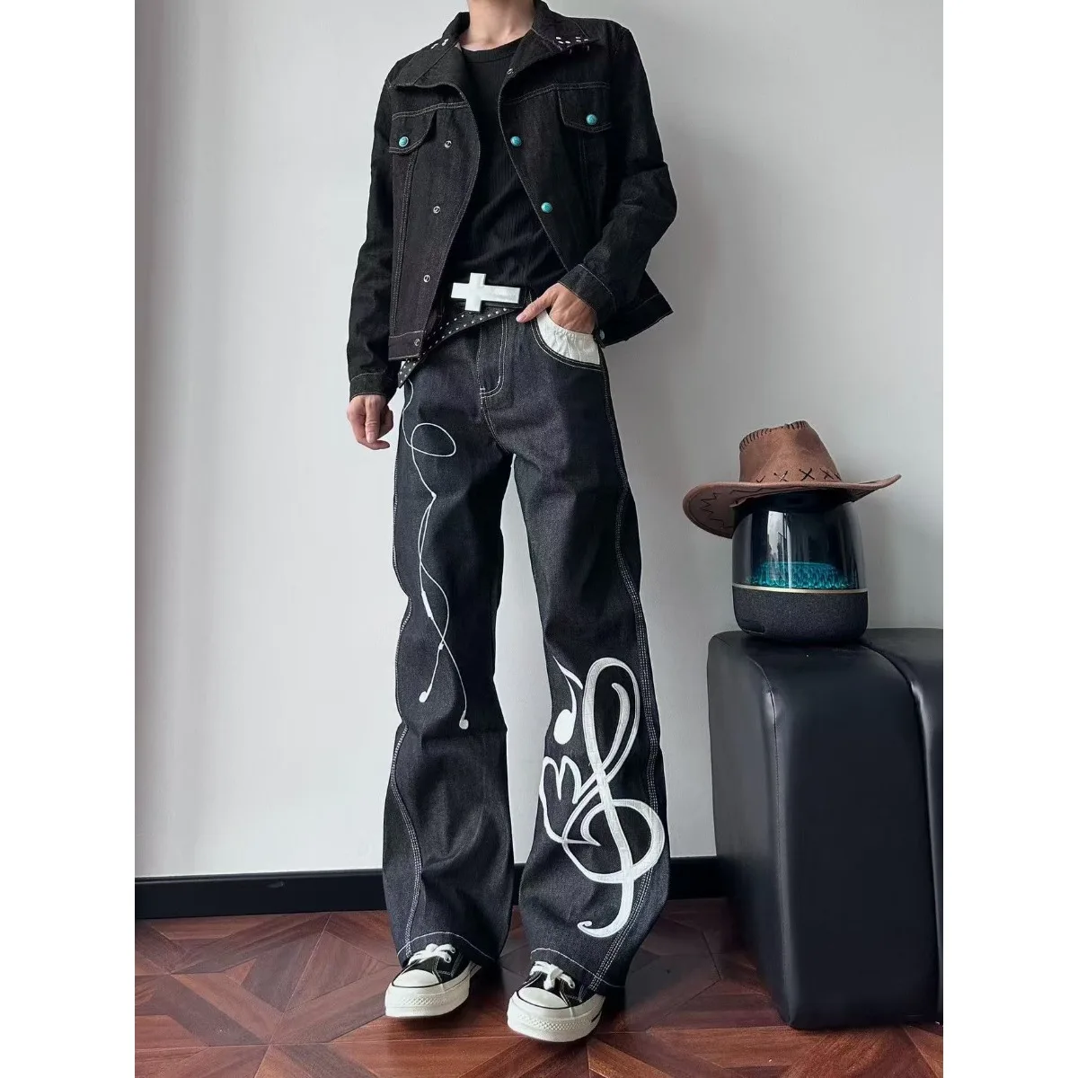 Retro American Embroidered Denim Jeans Casual Straight Leg Loose Fit Slimming Men Women Autumn New Style Trendy Long Pants
