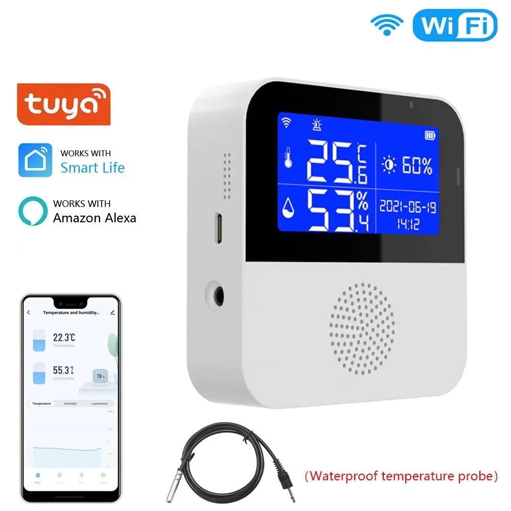 Tuya WiFi Temperature Humidity Sensor LCD Smart Life Remote Monitor Indoor Thermometer Hygrometer Meter Alarm with Alexa Voice