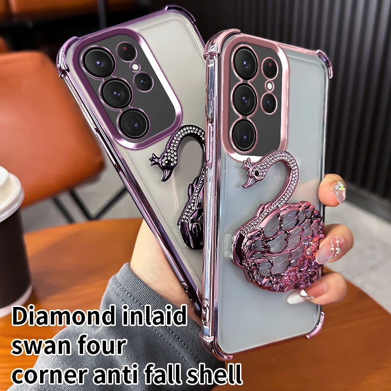 Swan Diamond Stand Case For Xiaomi Redmi 14C 13C 12C 13 12 Mi 14T 13T 12T 15 Shockproof Holder Space Clear Glitter Plating Cover