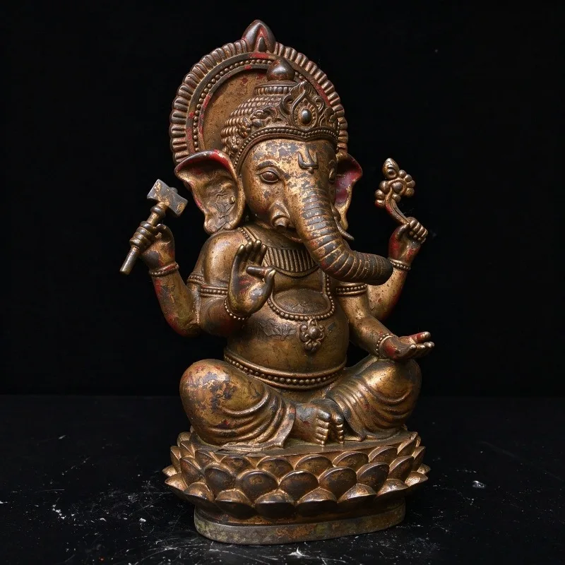 Antique Bronze Lord Ganesha Buddha Statue Four Arms Elephant God Sculpture Buddhist Meditation Decorative Home Decor