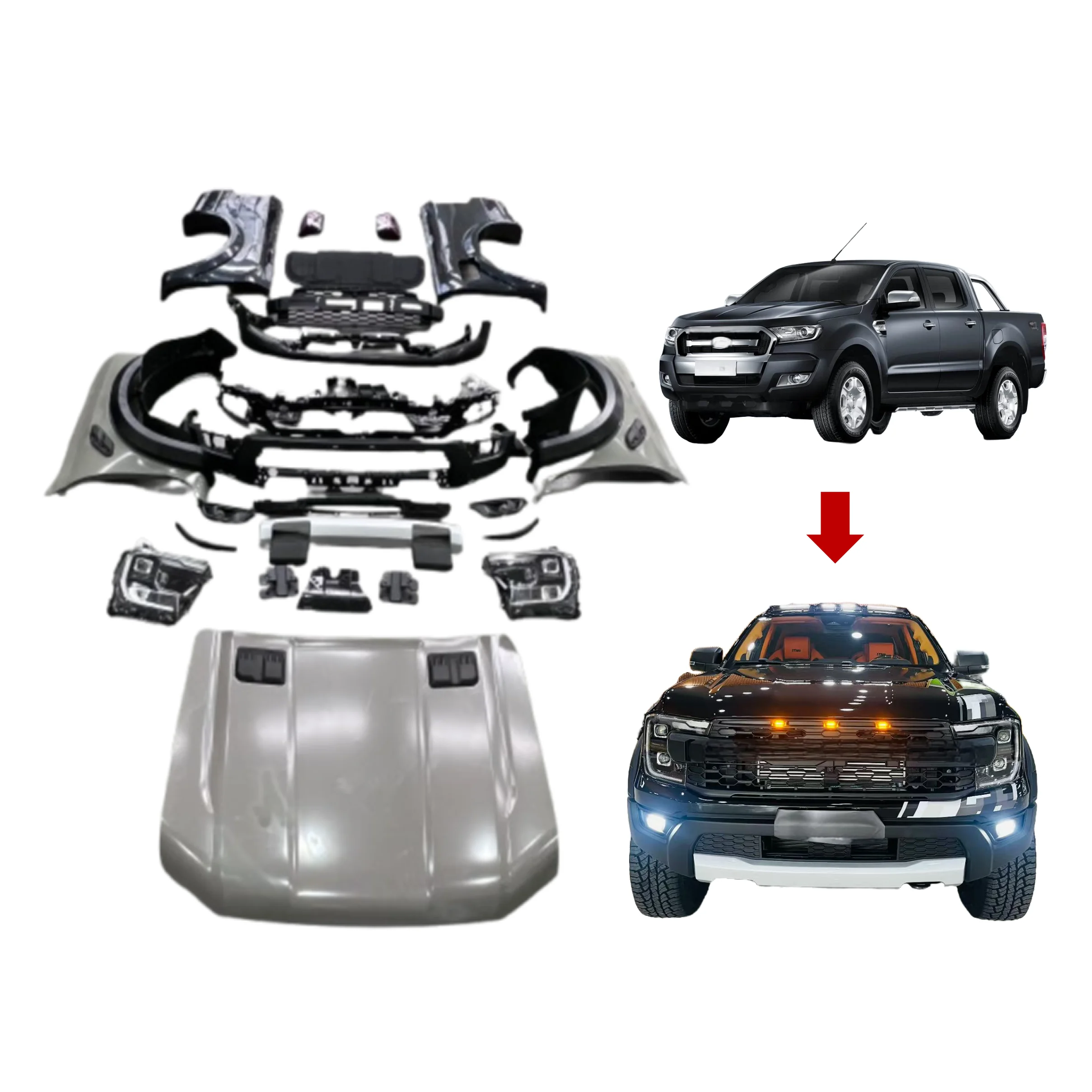 

Высокое качество 2025 года для F-o-r-d Ranger Bodykit 2012-2019 T6 T7 T8, обновление для Ranger raptor T9 2025, светодиодные бамперы на капоте для фар