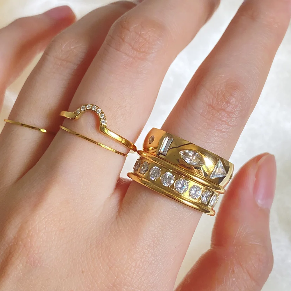 New ins 18k Gold Stainless Steel Shaped Zircon Ring For Women Vintage Geometric Zircon Rings Fashion Aesthetic Jewelry Gift