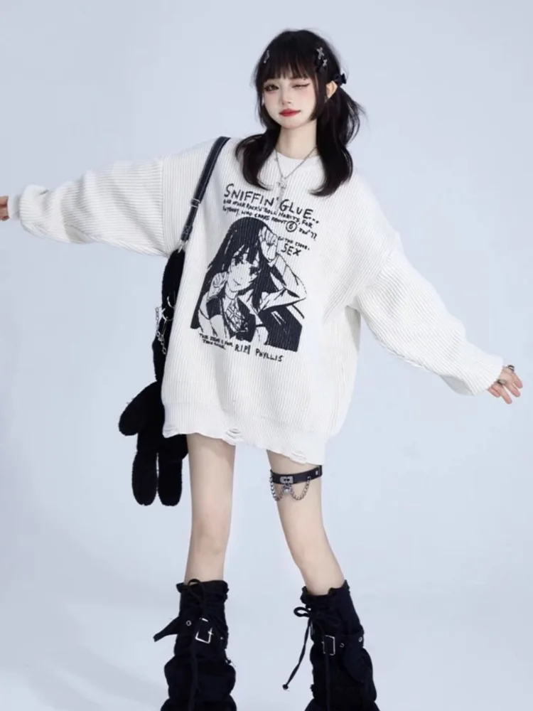 Oversized Harajuku Grunge Cartoon Jacquard Sweaters Streetwear Vintage Preppy Jumpers 2024 Women Y2k Aesthetic Casual Pullovers