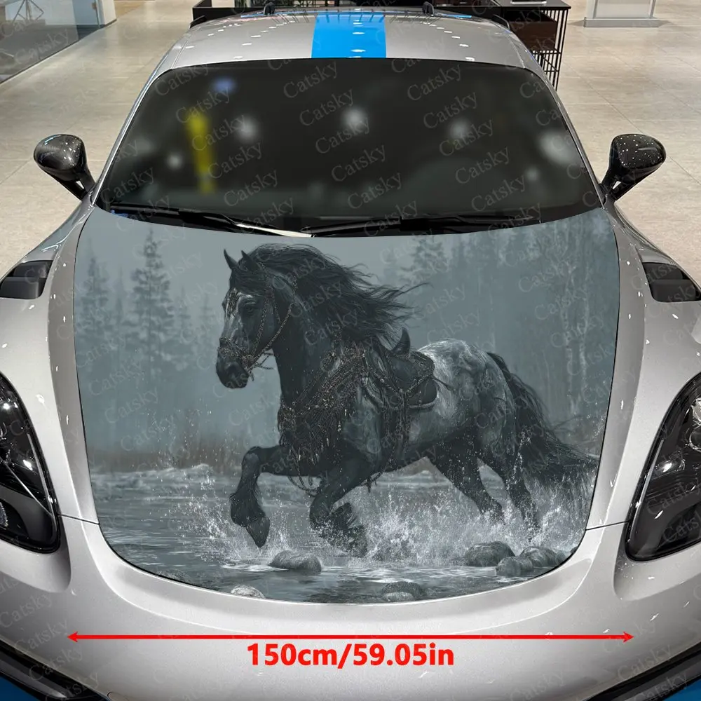 Misty Forest Black Steed Splashing Car Vinyl Wrap, PVC Waterproof Car Hood Sticker, Self-Adhesive Scratch-Resistant Stickers