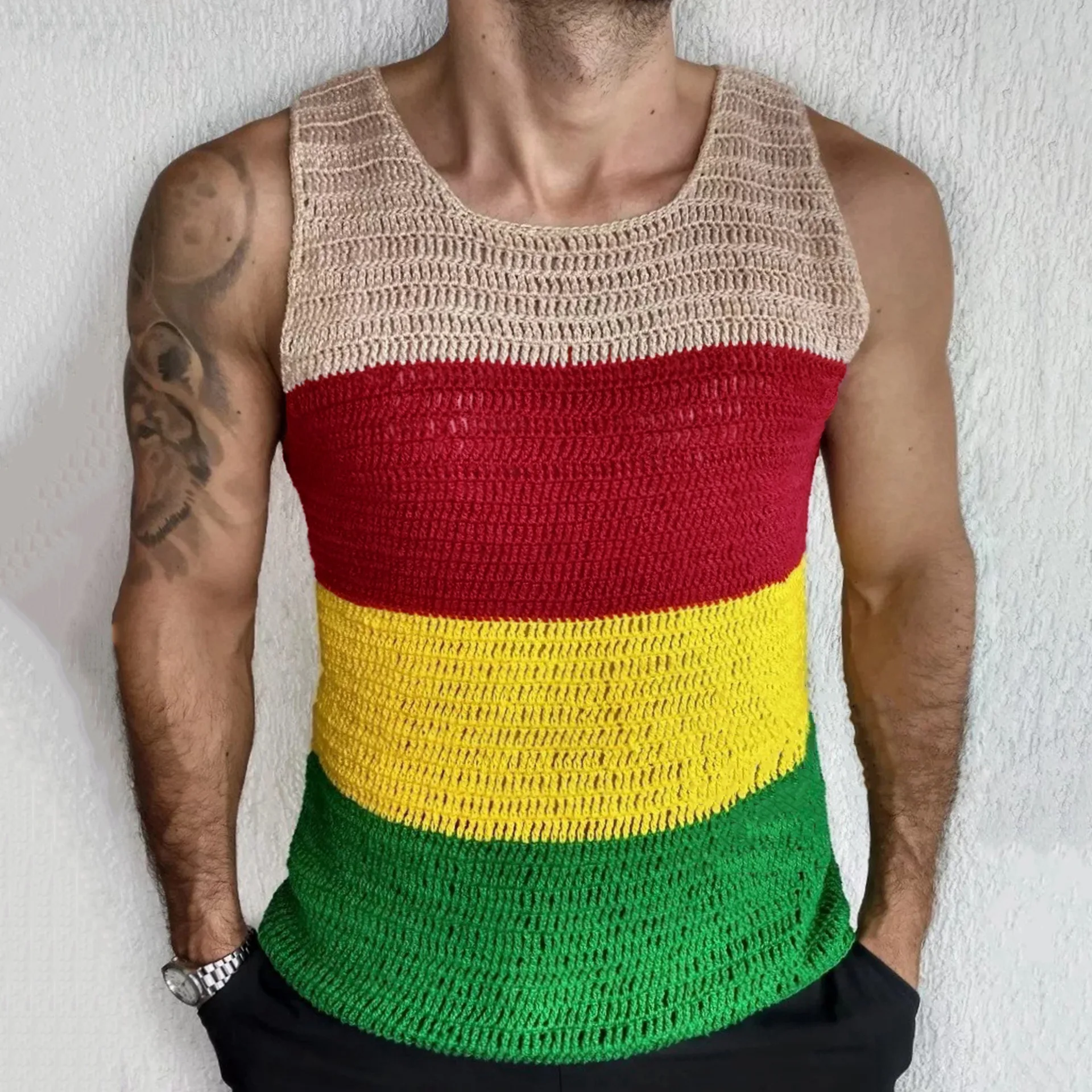 2024 Europe and The United States Men's Coarse Needle Knitwear Casual Sleeveless Hip Hop Street Youth Hollow Color Vest M-3XL