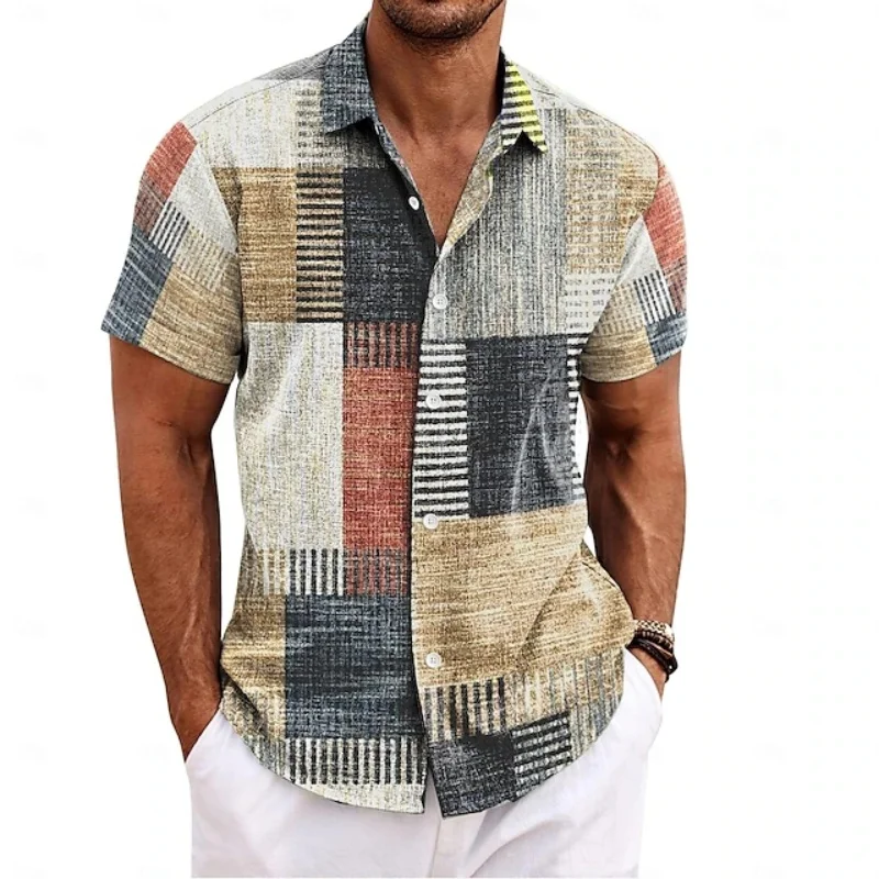 Chemise d'été pour homme, style vintage, patchwork imprimé, col à revers, manches courtes, chemise de vacances tropicales, t-shirt tendance, vêtements doux pour homme