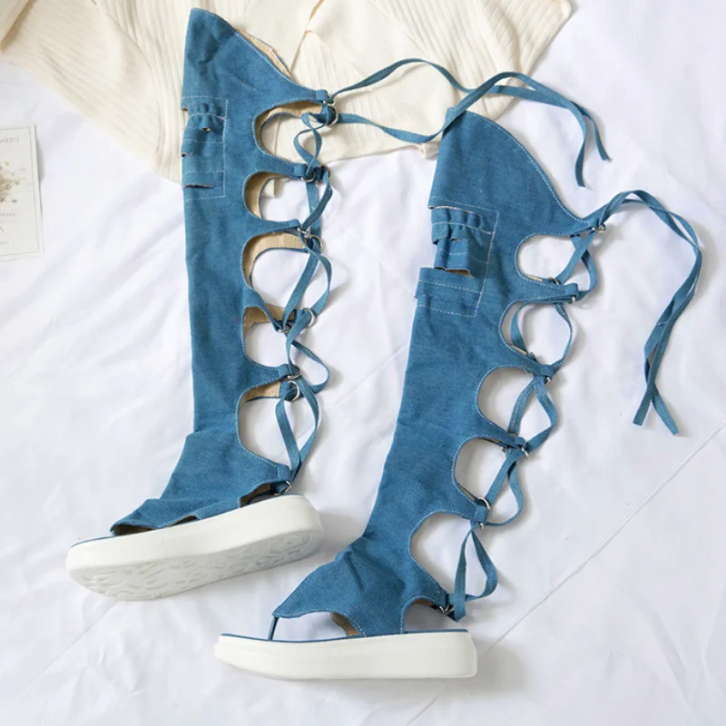 Summer Women Boots Sandals Platform Flip Flop High Top Denim Sandals for Ladies Over the Knee High Sandales Hollow Out WSH3897