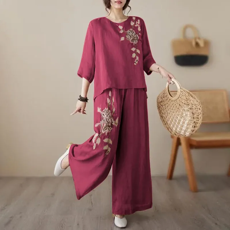 Ladies New Cotton And Linen Retro Embroidery Suit Summer Pullover Fashion Shirt Thin Wide-Leg Pants Slim Fashion Two-Piece Suit