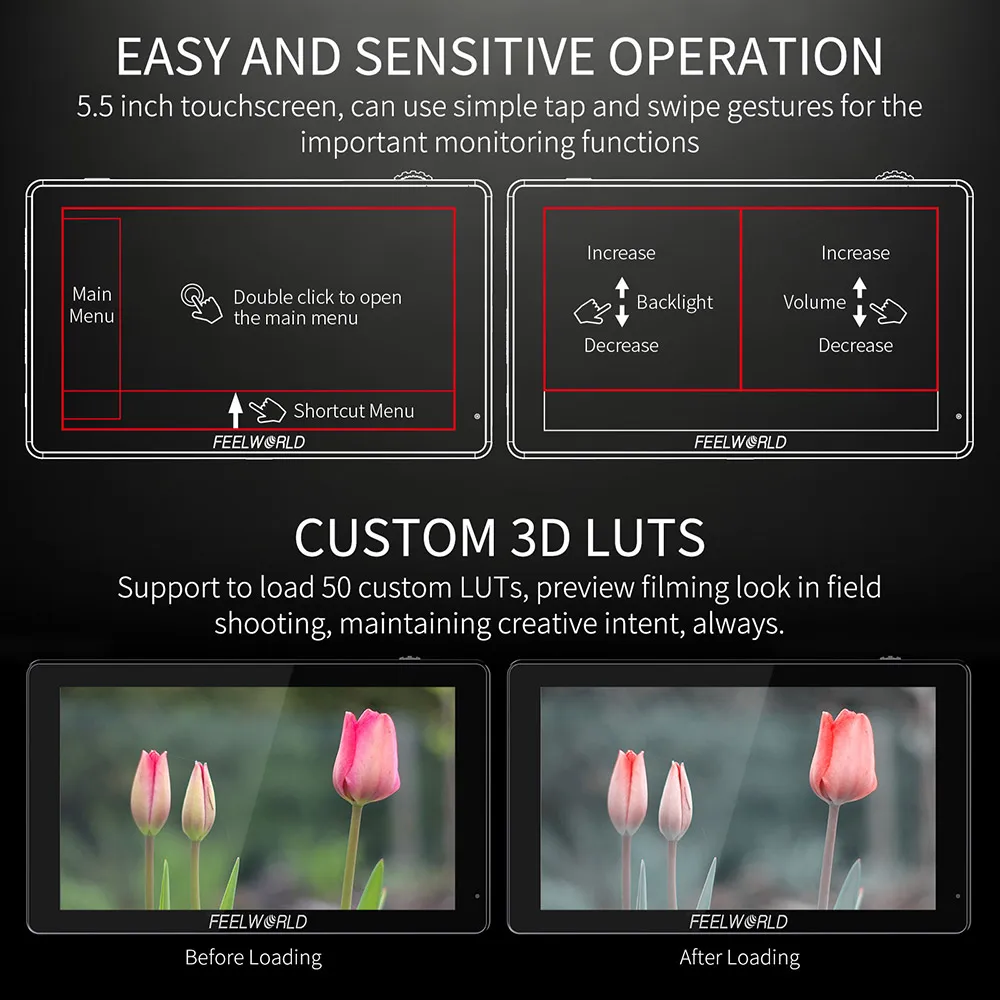 FEELWORLD LUT5 5.5 pollici 3000nit Touch Screen Ultra luminoso DSLR Monitor da campo telecamera IPS 1920X1080 4K uscita ingresso HDMI uscita cc