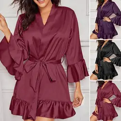 Women Pajamas Cardigan Silky Above Knee Long Sleeves Sleeping Robes Satin Tight Waist Lace Up Lady Sleeping Gown For Bedroom