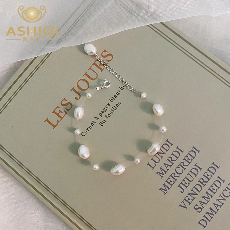 

ASHIQI Genuine 925 Sterling Silver Natural Freshwater Baroque Pearl Bracelet Button for Women