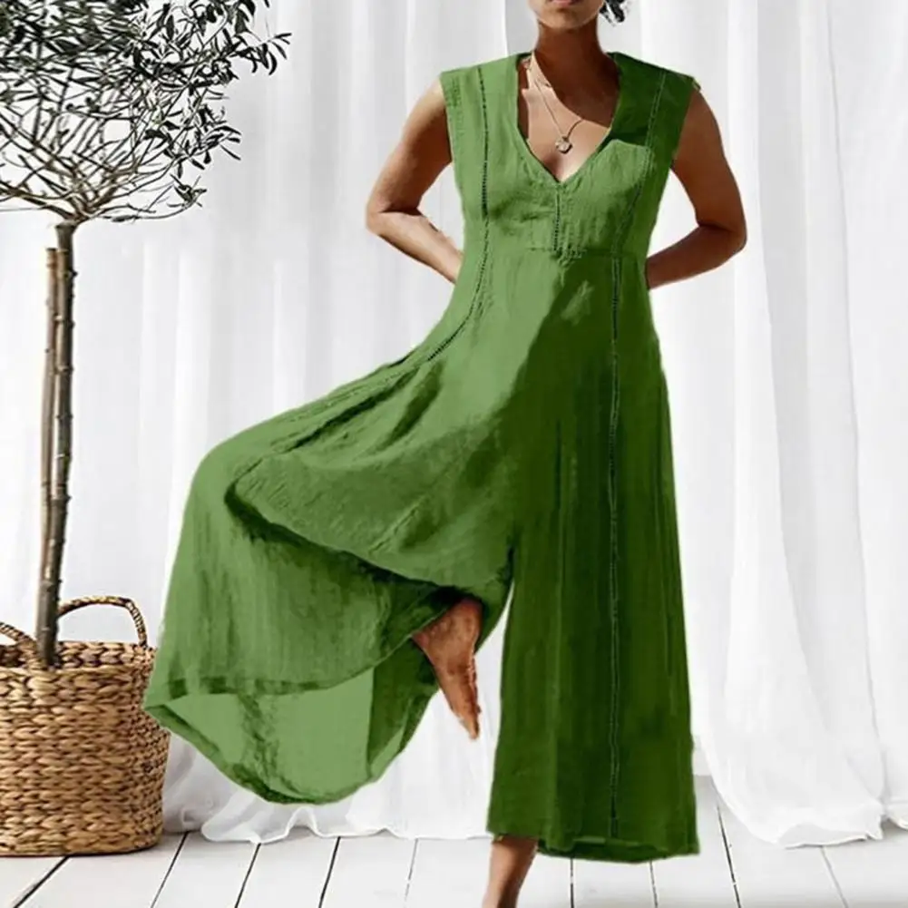 Women Jumpsuit Cotton And Linen Wide Leg V-neck Pure Color Lady Summer Jumpsuit Loose Low-cut Plus Size Female Jumpsuit Rompers