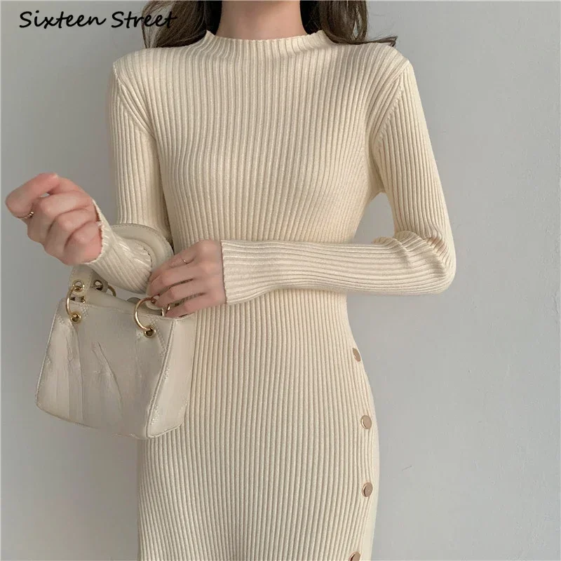 Apricot Split Sweater Dress Women Autumn  Single-breasted Elegant Ladies Knitted Vestidos Business Woolen Clothing Winter s