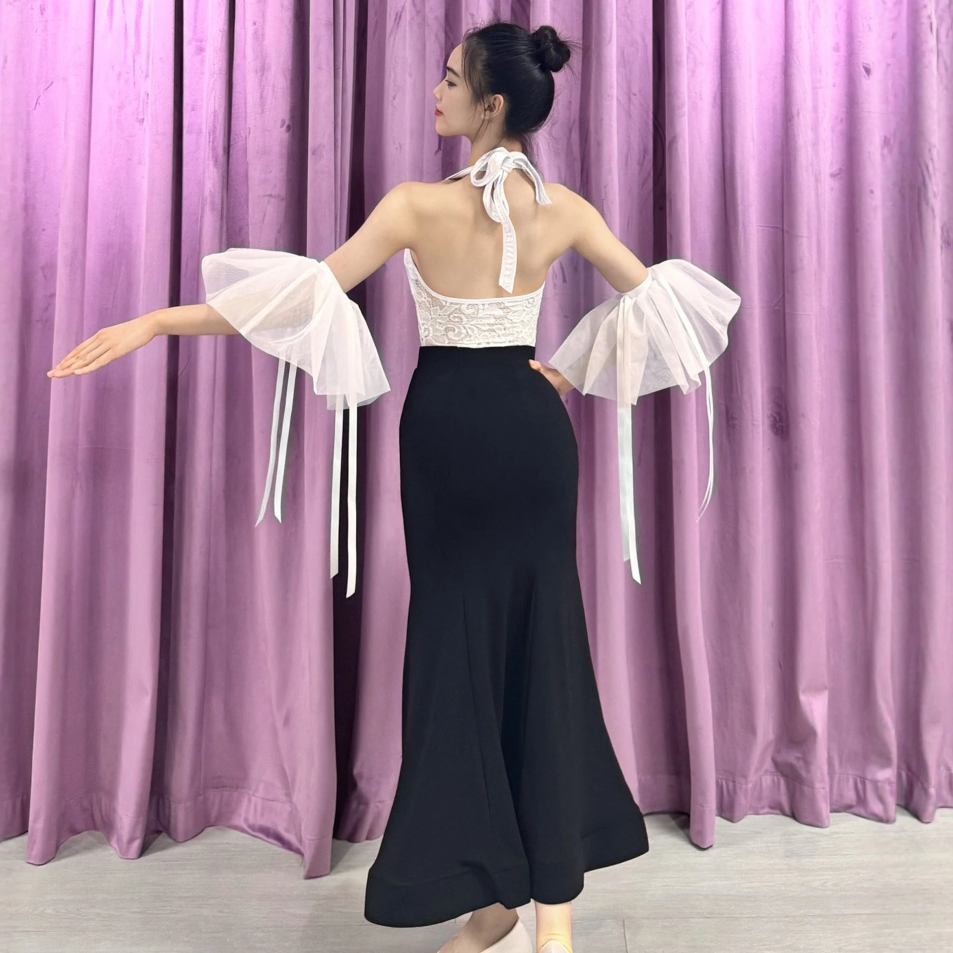 Traje de dança de salão feminino renda branca topos saia preta baile clube valsa dança desempenho roupas vestido competição dnv24404