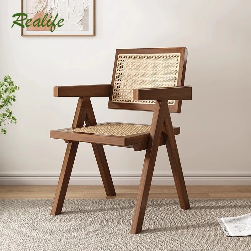 Realife Solid Wood Dining Chairs Rattan Woven Chairs Home Homestay Balconies Leisure Armrests Rattan Chairs Backrest Chairs 2024