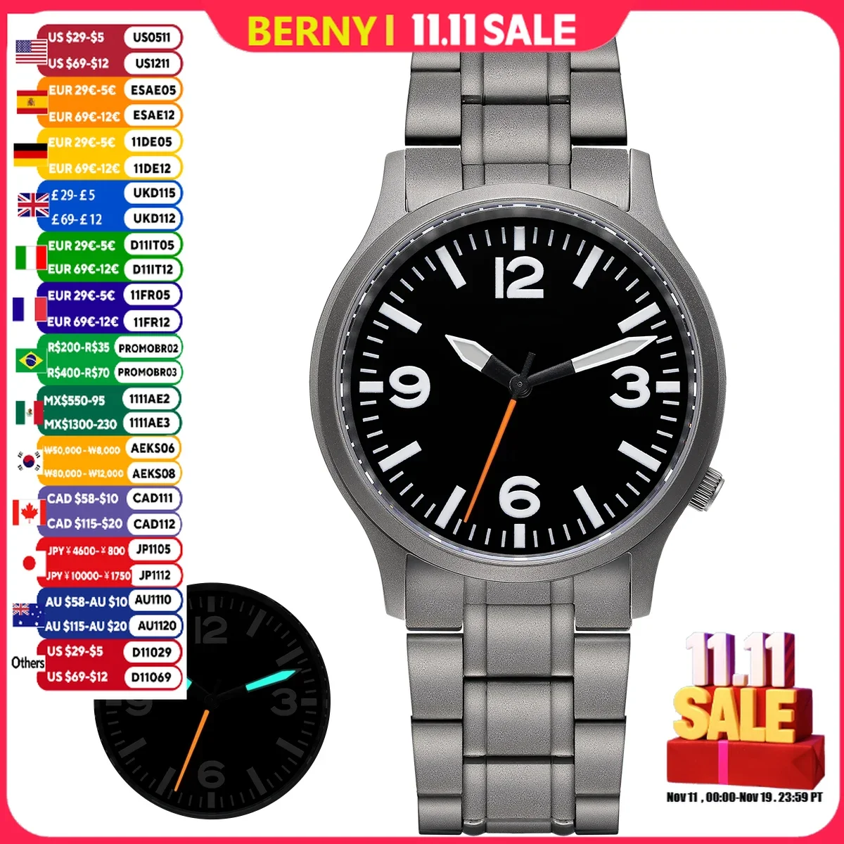 BERNY Full Titanium Watches for Men Super Luminous Sapphire Sports Field Quartz Men's Watch VH31 Pilot Wristwatch 5ATM Easy Read