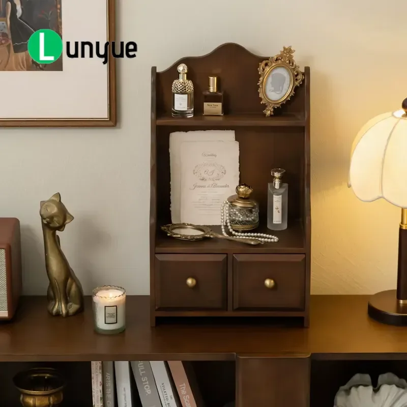 Retro All Wood Desktop Shelf Organizer with Drawer Cup Holder Display Cabinet for Office Home Desk Storage Furniture