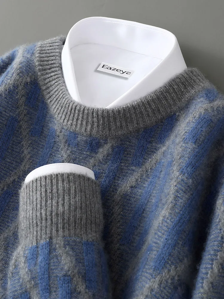 100% Australian wool sweater crew neck thickened color matching sweater loose business casual cashmere knitted bottoming shirt