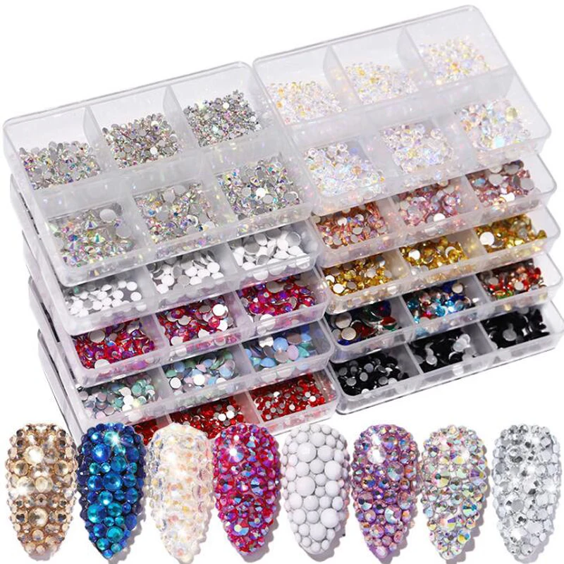 6Grids Mixed Mini Round Rhinestones Nail Gems 2-5mm Pink/Clear/Red/Blue/AB Glass Nail Diamonds FlatBack Dazzling Gems Nail Decor